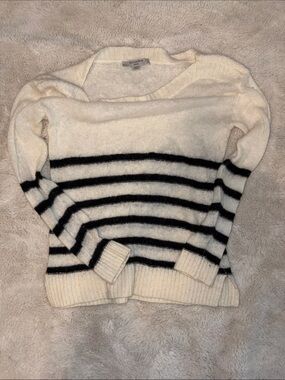 All Saints Cream and Black Striped Crew Neck Sweater